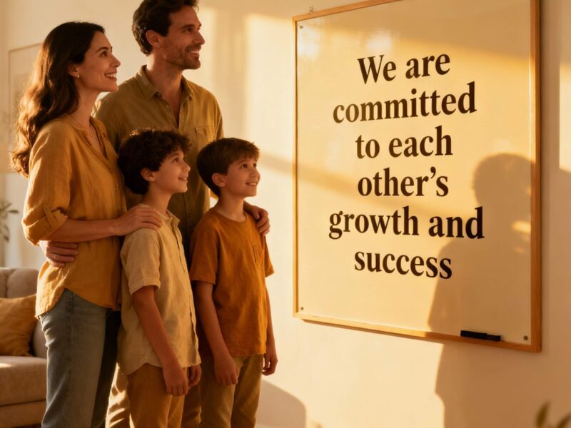 mother-father-and-their-two-children-facing-their--family-affirmation-board