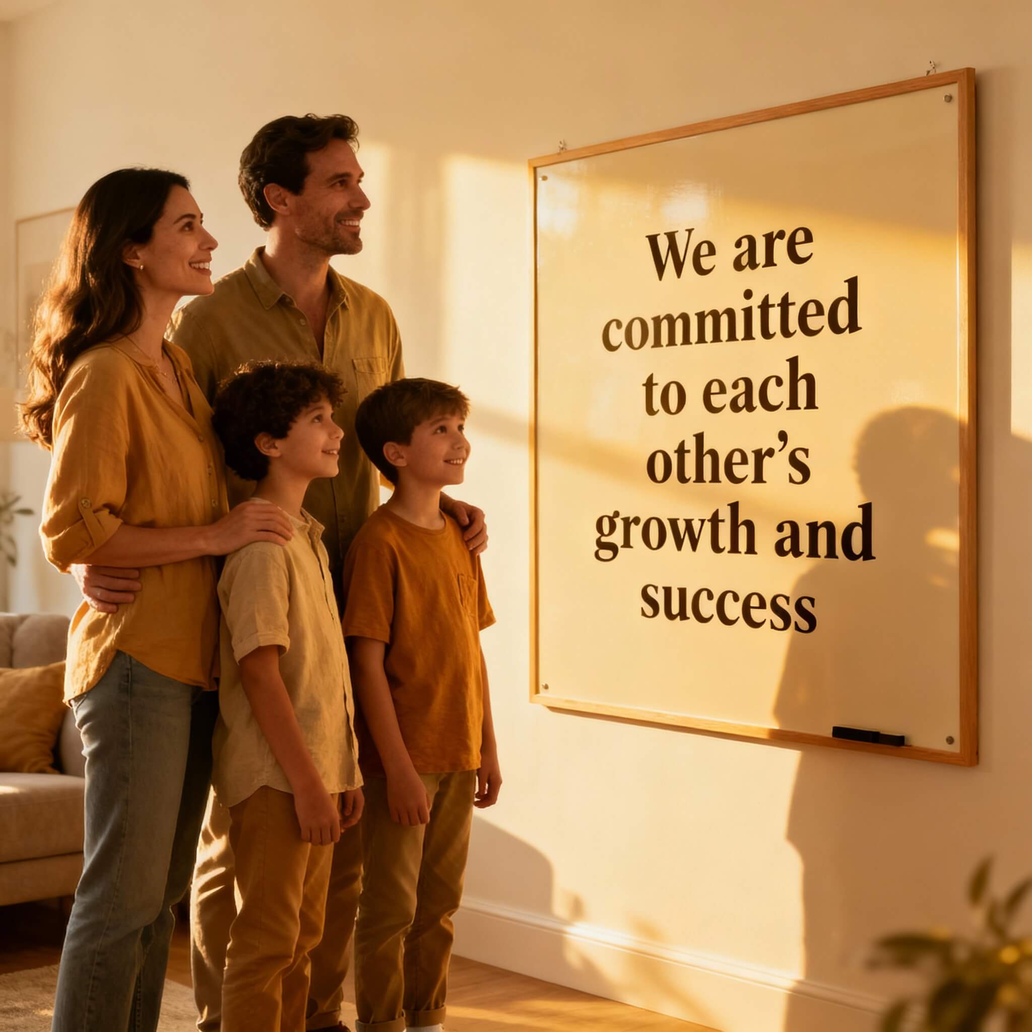 mother-father-and-their-two-children-facing-their--family-affirmation-board