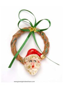 santa-wreath-made-with-green-ribbon-cotton-wool-and-glue