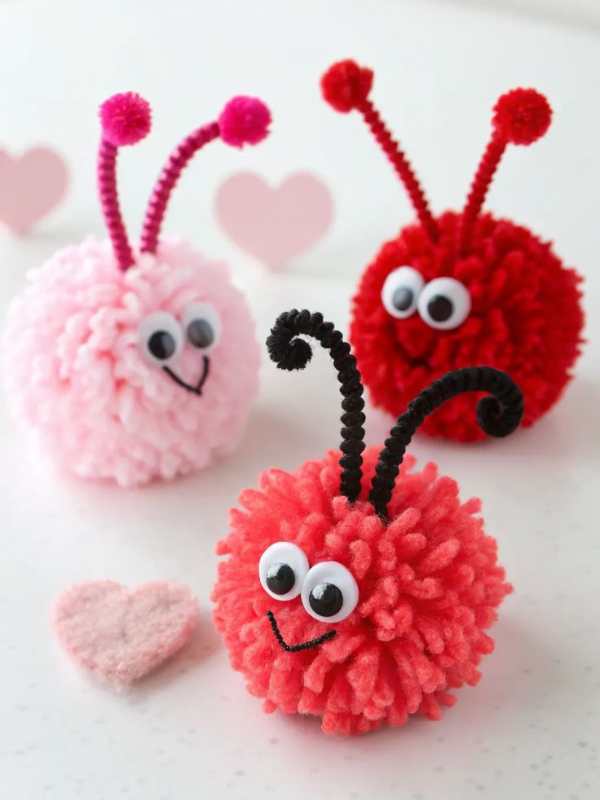 3-Pom-pom-made-of-red-pink-and-orange-yarn-in-fun-and-simple-valentine-craft-for-kids.