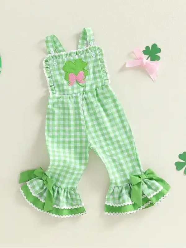 Romper-made-of-white-and-green-colors-with-pink-hairband-with-a-desgin-of-shamrock-in-lovely-st-patrick's-day-kids-outfit-ideas.