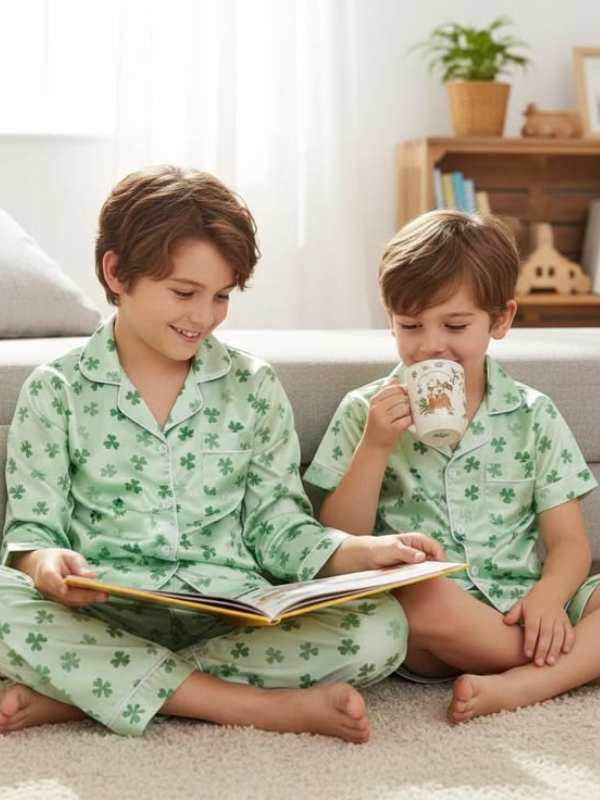 2-boys-wearing-shamrock-printed-pyjamas-for-st-patrick's-day.