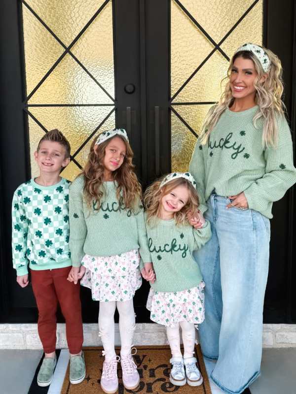 A-mom-and-her-kids-wearing-a matching-outfit-for-St-Patrick's day.