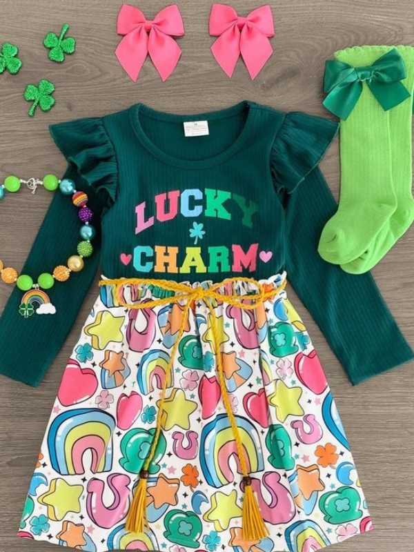 long-sleeve-dress-printed-lucky-charm-the-down-part-has-rainbow-colors-with-hairband-socks.