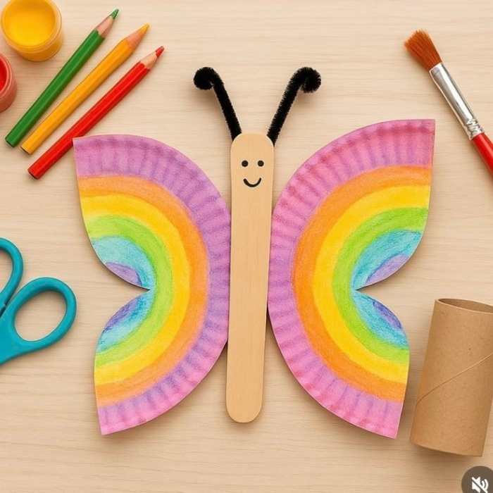 Paper-plate-butterfly-designed-purple-yellow-orange-and-blue-colors-with-brush-sicssors-paint-toilet-paer-roll-and-color-pen-placed-round-it-in-fun-and-creative-spring-crafts-for-preschoolers.