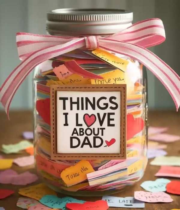 Clear-bottle-with-cover-tied-round-with-ribbon-and-filled-with-pieces-of-paper-written-notes-in-adorable-father's-day-gift-ideas-from-kids.