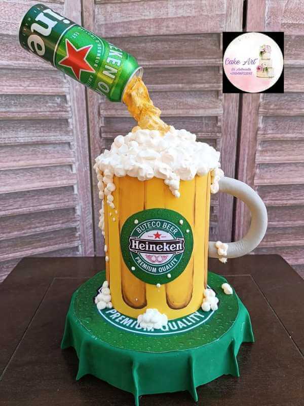 Cake-designed-with-cup-beer-cane-and-bottle-cover-as-basement.