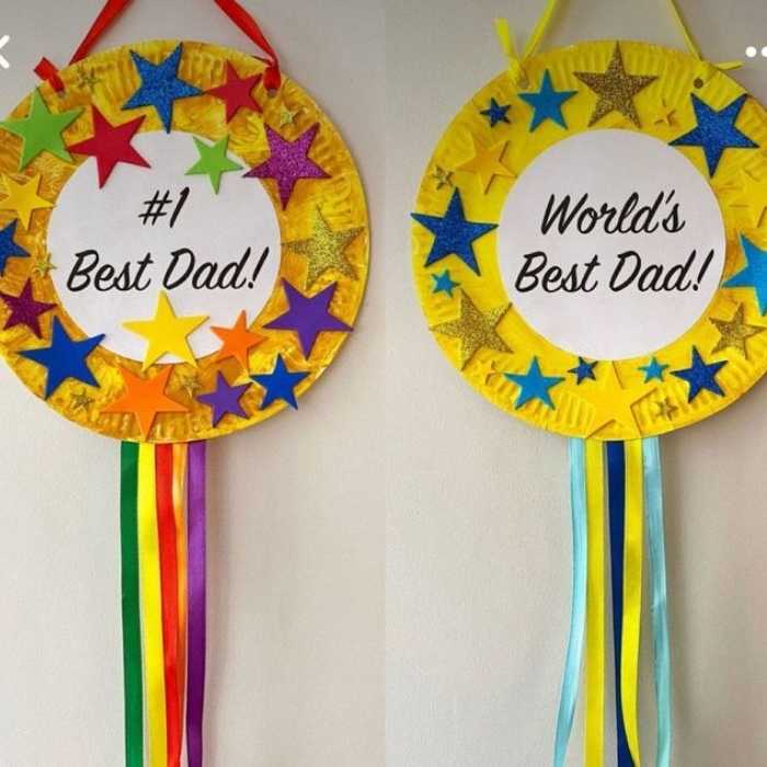 Medals-made-with-paper-plate-ribbons-with-blue-yellow-red-pink-and-orange-colors.