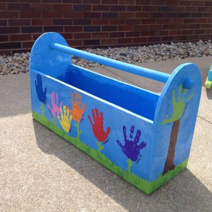 Blue-tool-box-designed-with-different-colors-of-handprint-in-adorable-father's-day-gift-ideas-from-kids.