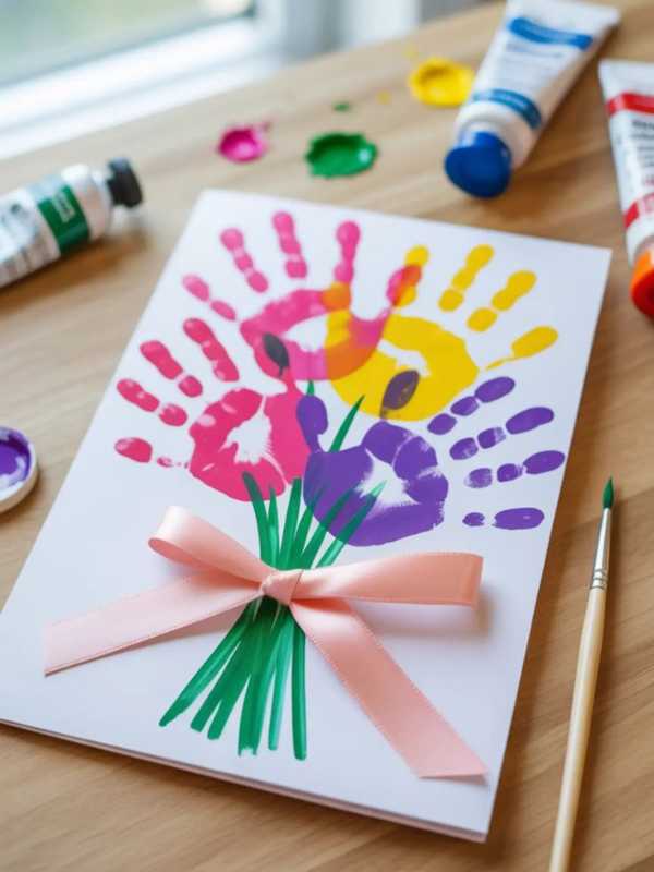 Handprint-flower-made-of-green-red-pink-yellow-and-purple-colors-in-easy-mother's-day-DIY-crafts-flowers-for-kids.