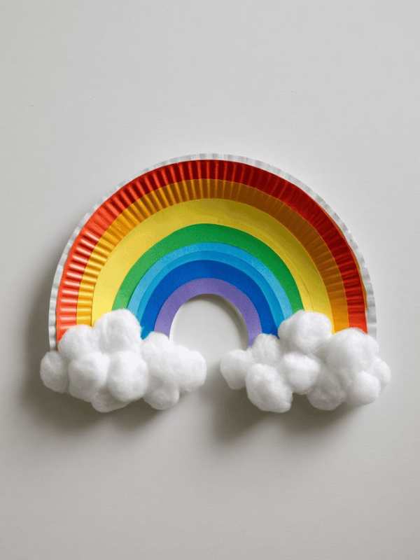  Paper-plate-rainbow-made-from-cotton-wool-paper-plate-red-orange-blue-green-pink-and-yellow-colors.