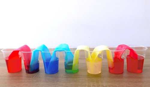 Clear-cups-containing-water-food-coloring-paper-used-for-wallking-rainbow-experiment.