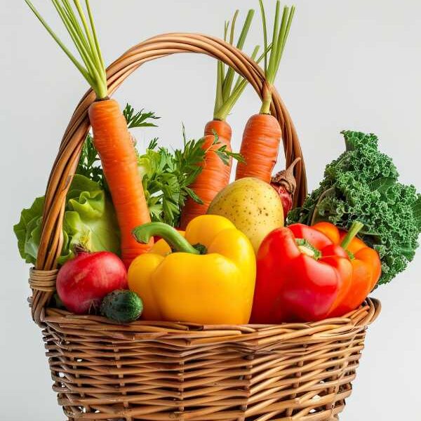 Basket-containing-carrot-red-bell-pepper-and-yellow-bell-pepper-in-cute-teacher's-appreciation-gift-basket-ideas.