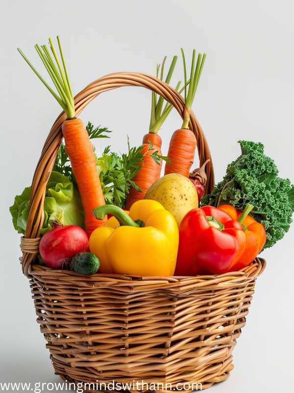 Basket-containing-carrot-red-bell-pepper-and-yellow-bell-pepper-in-cute-teacher's-appreciation-gift-basket-ideas.