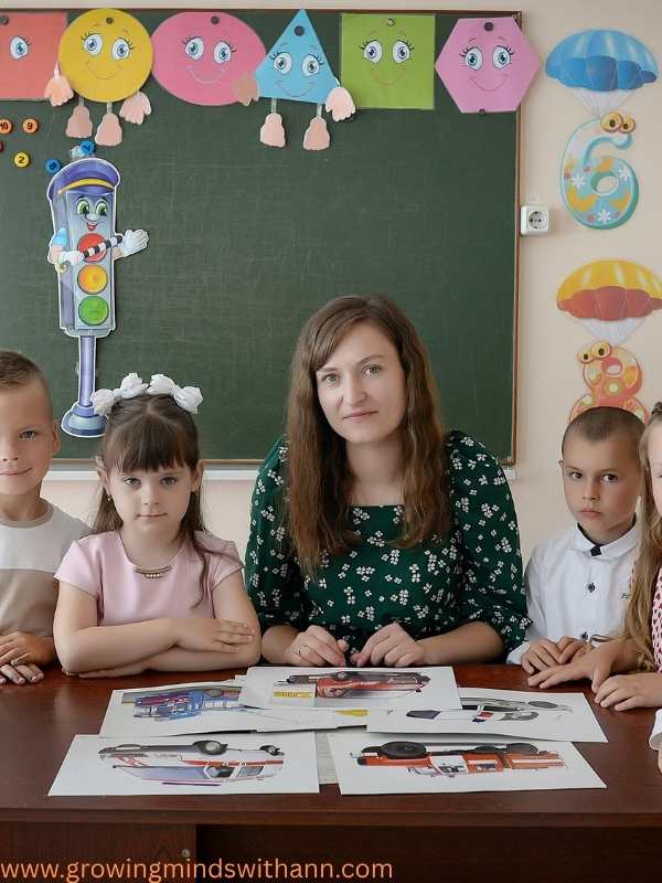 Teacher-sitting-in-the-middle-of-3-kids-with-papers-in-front-of-them-in-fun-classroom-activities-to-celebrate-teacher's-day.