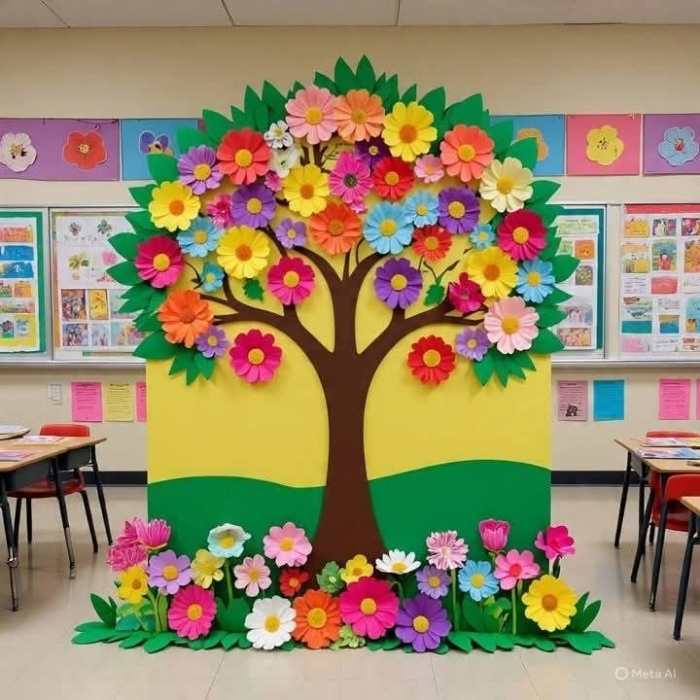 Tree-crafted-from-papers-of-different-colors-inside-a-garden-of-different paper colors.