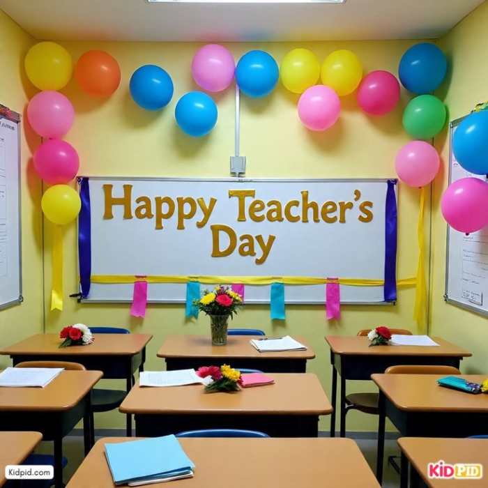 Classroom-decorated-with-different-colors-of-balloon-and-happy-teacher's-day-boldly-written-with-yellow-color-on-the-board.