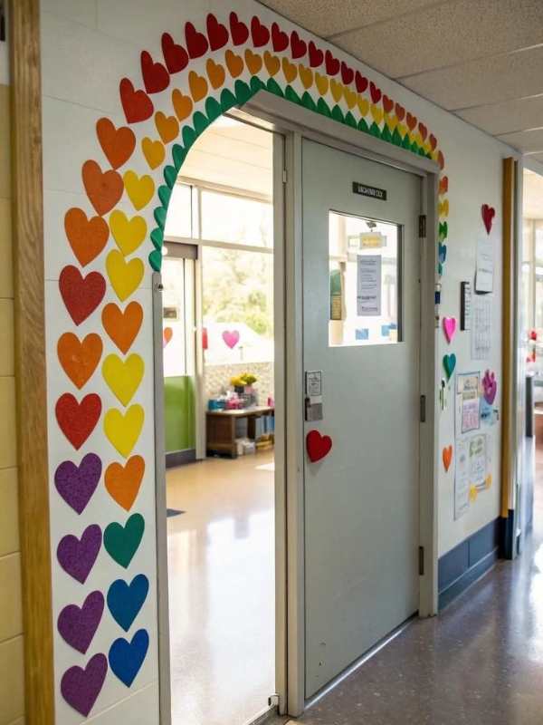 Classroom-door-decorated-with-red-yellow-orange-green-purple-and-pinnk-paper-heart.