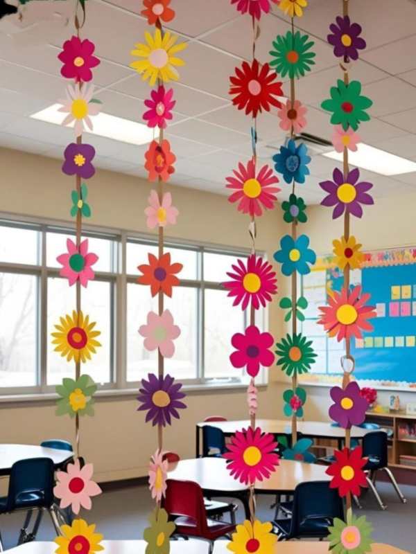 Paper-Flower-Garland-made-with-different-colors-of-paper-in-creative-teacher's-day-decoration-ideas-for-classrooms