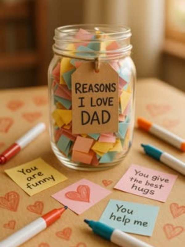 Clear-jar-filled-with-written-notes-and-boldly-written-reasons-why-i-love-dad-in-simple-way-to-make-dad-feel-special-on-father's-day.