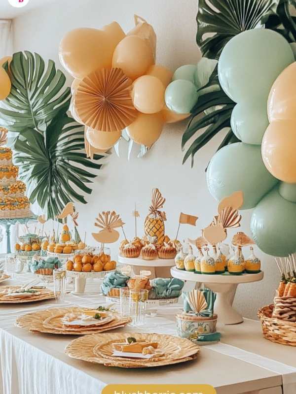 Palm-with-cream-balloon-hanged-on-the-wall-with-centerpiece-and-cream-plates-on-it.