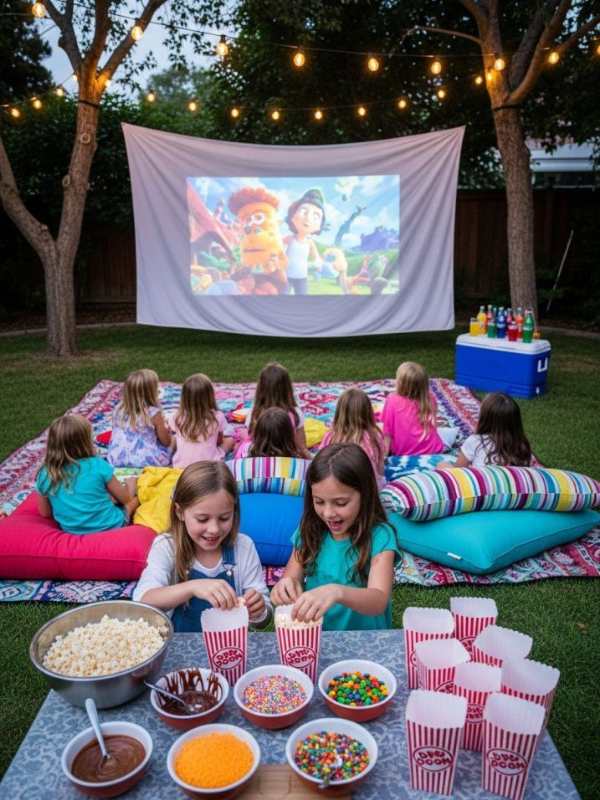 Kid-sitting-down-and-watching-movie-projected-on-a-white-board-in-fun-and-memorable-ways-to-celebrate-4th-of-July-without-fireworks.