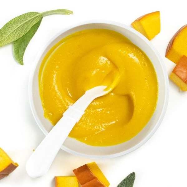 Plate-containing-pumpkin-puree-with-white-spoon-on-it-in-healthy-homemade-baby-puree-recipes-you-can-freeze.