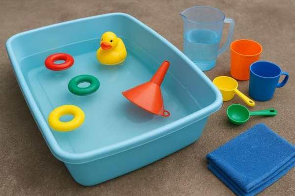 Bowel-of-water-with-funnel-cup-jug-spoon-and-towel.