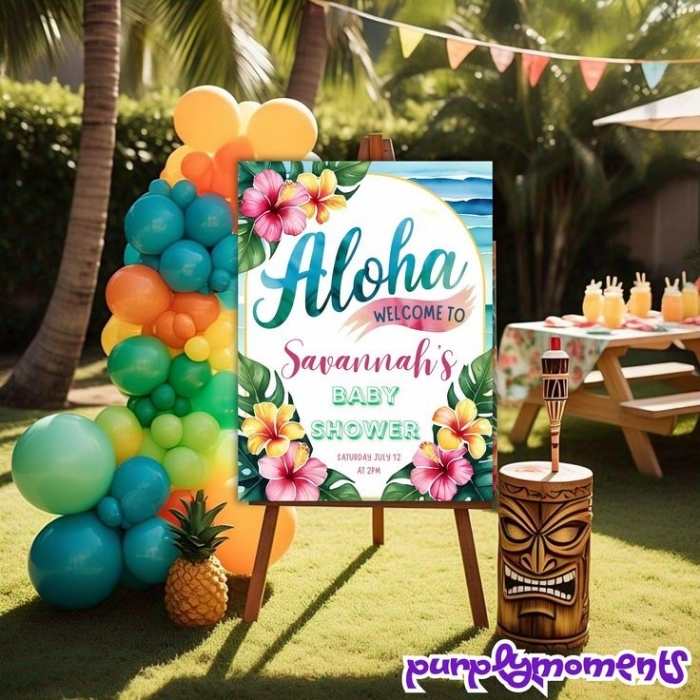 Signpost-showing-aloha-baby-with-balloon-arch-by the-left-side-in-cute-and-affordable-tropical-baby-shower-theme-ideas.
