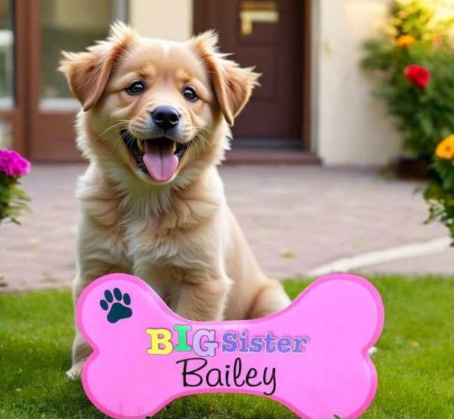 Bone-in-front-of-a-dog-written-big-sister-Bailey-in-memorable-first-baby-announcement-ideas-to-tell-your-big-news.