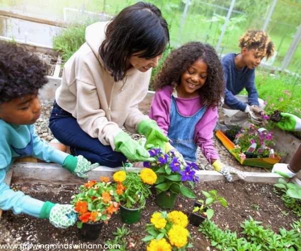 Mom-and-kids-working-in-the-gardening-in-fun-sibling-bonding-activities-to-reduce-sibling-rivalry-at-home.