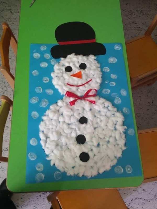 Snowman-made-with-cotton-balls-red-ribbon-as-tie-black-hat-and-black-button-inscreen-free-snow-day-activities-for-toddlers.