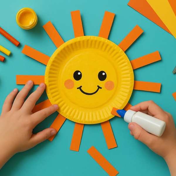 Paper-plate-sun-craft-and-the-hand-constructing-it-holding-a-glue-in-cute-suun-crafts-for-preschoolers.