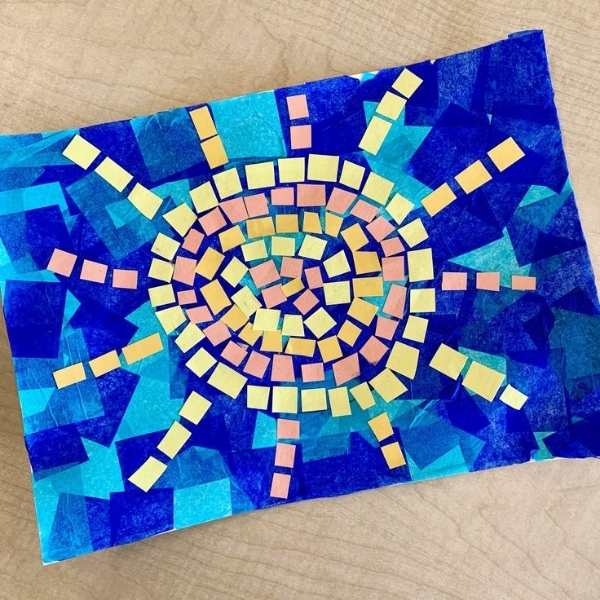 Mosaic-sunshine-on-a-blue-background-in-cute-sun-crafts-for-preschoolers.