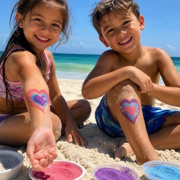 2-kids-showing-off-their-heart-colored-sand-tattoos-while-sitting-on-sand-in-the-beach-in-DIY-sand-tattos.