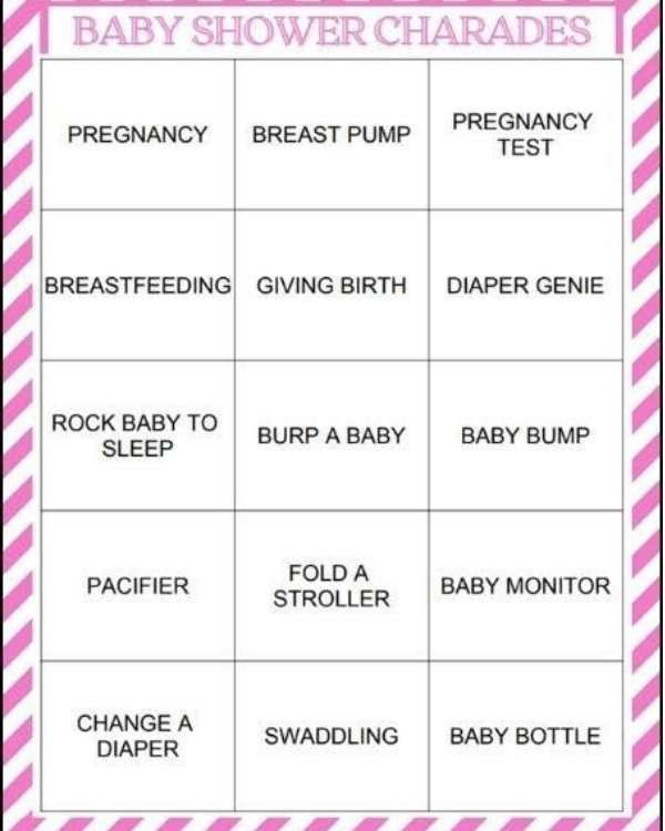 Sheet-containing-baby-charade-themed-phrases-in-funny-baby-shower-games.