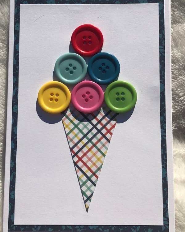 Button-ice-cream-cone-craft-made-with-red-blue-green-yellow-pink-and-purple-button.