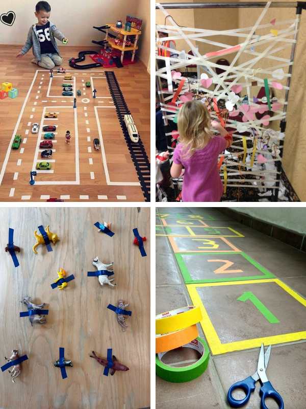 Four-grid-photo-showing-different-types-of-masking-tape-activities-for-toddlers.