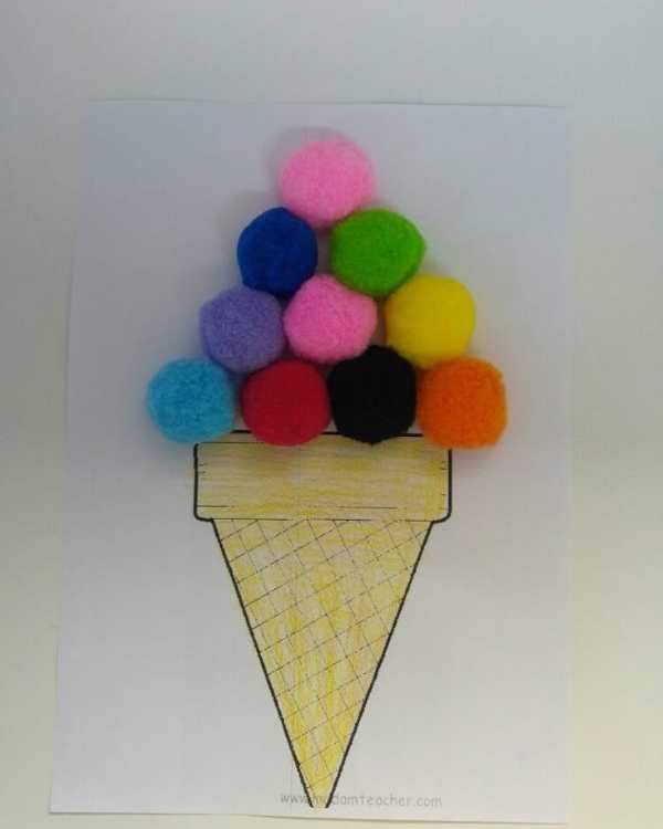Ice-cream-cone-craft-made-with-pink-red-yellow-green-blue-orange-and-purple-pom-pom.