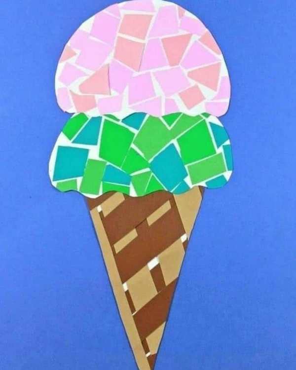 Torn-paper-ice-cream-craft-made-with-pink-green-blue-and-green-torn-papers-in-ice-cream-craft-ideas-for-kids.