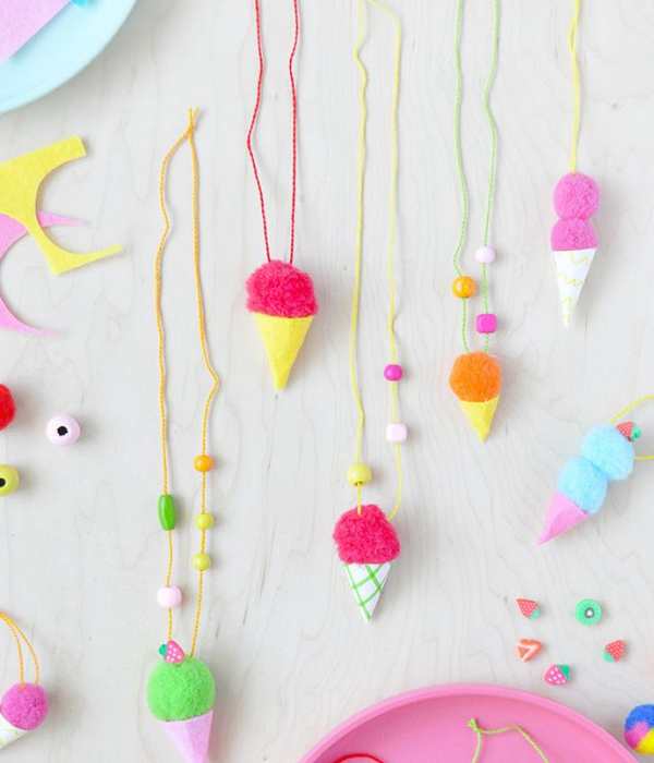 Pom-pom-ice-cream-necklace-of-different-colors-in-ice-cream-craft-ideas-for-kids.