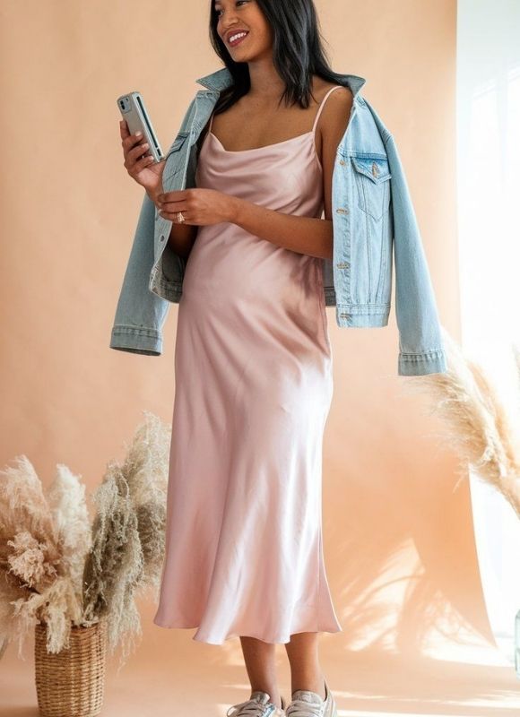 Woman-wearing-pink-maternity-gown-with-blue-denim-jacket-in-gender-reveal-outfit-ideas-for-mom-to-be.