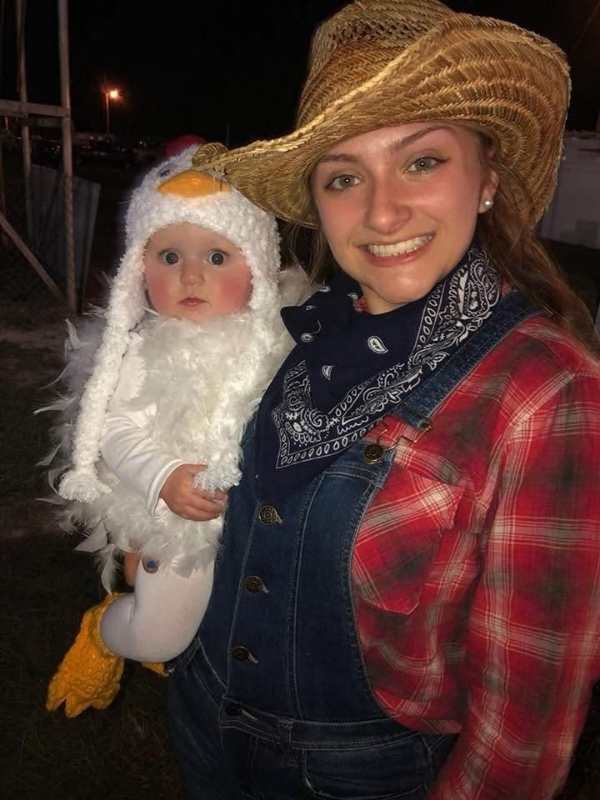 Mom-and-baby-dressed-in-farmer-and-chicken-costume-in-cute-halloween-costume-ideas-for-mom-and-baby.