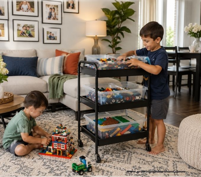 A-kid-playing-LEGO-toy-why-the-other-child-is-bringing-out-toy-from-a-LEGO-storage-cart.