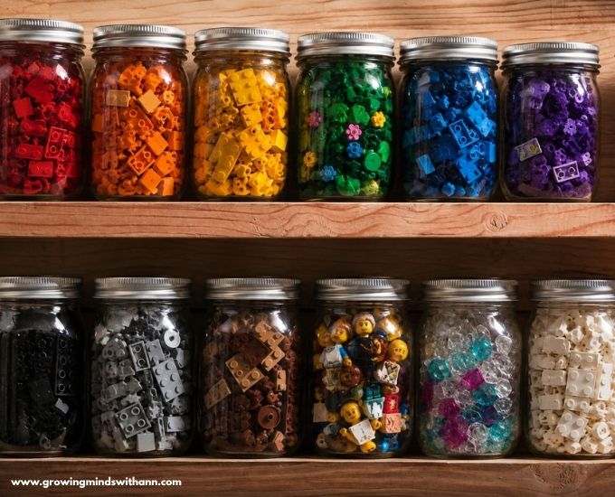 Jars-containing-different-types-LEGO-pieces.