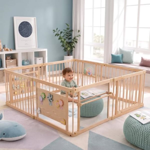 Baby-playing-in-a-wooden-baby-playpen-in-baby-playpen-ideas-for-babies-and-toddlers.