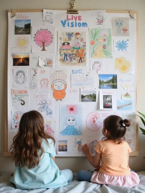 Two-kids-watching-their-vision-board-in-how-to-encourage-kids-to-set-goals-at-home.
