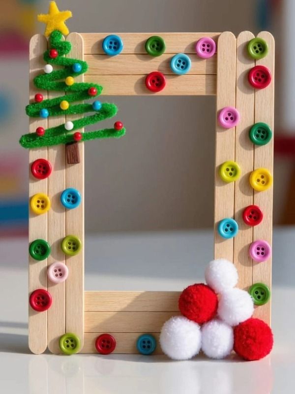 Popsicle-stick-frame-designed-with-red-blue-and-yellow-button-with-red-and-white-pom-pom-in-christmas-keepsake-kids-can-make-for-their-parents.