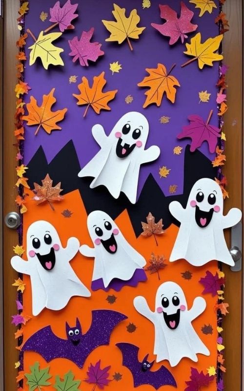 Classroom-door-decorated-with-paper-bat-ghost-fall-leaves-with-fall-colors.