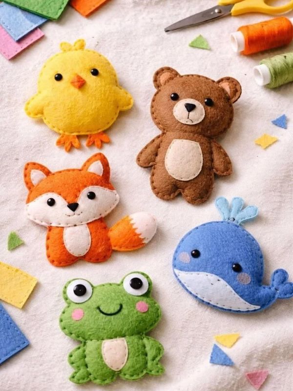 Duck-bear-cat-fish-felt-toys-in-DIY-felt-baby-toys-for-sensory-play.